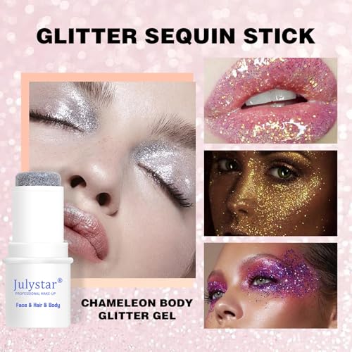 2pcs-Body Glitter Stick,Chunky Glitter Gel for Face Body Hair,Sparkling Holographic Mermaid Sequins Paint Multiuse Makeup Glitter Gel Gold and Silver