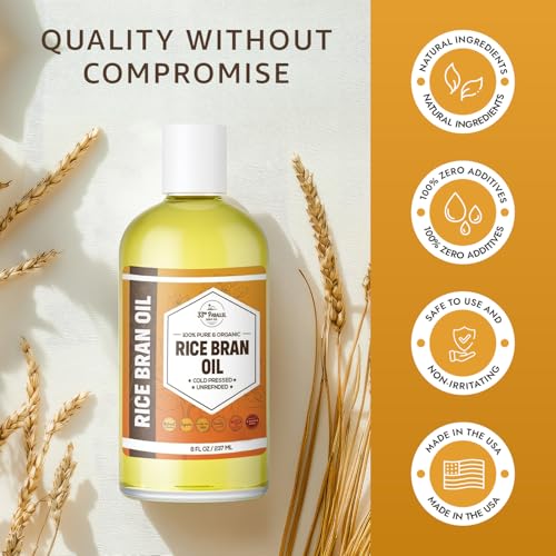 ORGANIC RICE BRAN OIL (16 oz) Premium Cold Pressed Unrefined | 100% Pure Rice Bran Oil for Skin, Face, Hair, Soap Making | Carrier for Essential Oils | Available in Bulk | 16 FL OZ