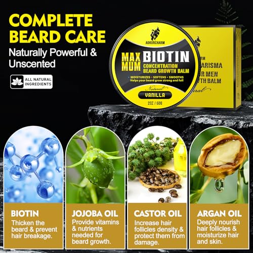 Biotin Beard Balm for Men ? Vanilla Beard Balm for Growth & Styling ? With Castor Oil, Jojoba & Shea Butter ? Softens & Thickens ? 2 OZ