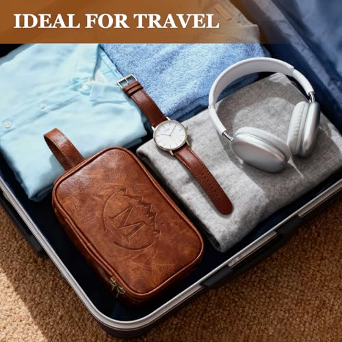 Travel Toiletry Bag for Men,Mens Shaving Bags for Toiletries,Men's Toiletry Travel Bag PU Leather,Personalized Travel Essentials,Birthday Gifts For Men,Brown- M