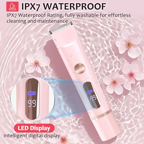 Bikini Trimmer for Women, 2 in 1 Dermave Bikini Shaver with LED Display, Electric Razors for Women, IPX7 Waterproof Wet Dry Use Body Hair Trimmer for Ladies Pubic, Legs, Face, Underarms (Pink)