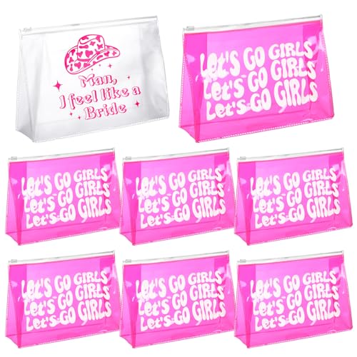Layhit 8 Pcs Let's Go Girls Pink Bachelorette Makeup Bags Retro Clear Disco Cowgirl Travel Toiletry Case with Zipper Arty Supplies Decorations Gifts for Women