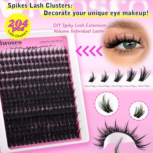wiwoseo Fluffy Lash Clusters Kit Spikes Lashes Clusters Eyelash Extensions Kit Thick Volume Lash Extension Kit Cluster Lashes with Spikes 10-18MM Spiky Eyelash Clusters Kit Clear Lash Bond and Seal