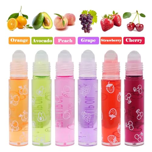 6Pcs Roll-On Lip Gloss Set,Fruit Flavored Roll On Rollerball Lip Oil,Transparent Plumping Lip Gloss,Non Toxic Lip-Makeup Set