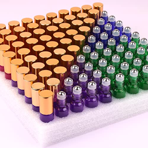 MaxMau Pack of 100,5ml Colored Roller Bottles for Essential Oils Perfume Refillable Glass Bottle Stainless Steel Roll On Ball Metal Cap Daily Aromatherapy