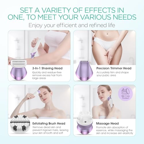 VOYOR Electric Razors for Women 4 in 1 Bikini Trimmer, Foil Shaver for Women 4 Replacement Heads for Body, Pubic Hair Trimmer, Cleansing, Massage 2 Adjustable Speeds Rechargeable Shaver ES501 (Purple)