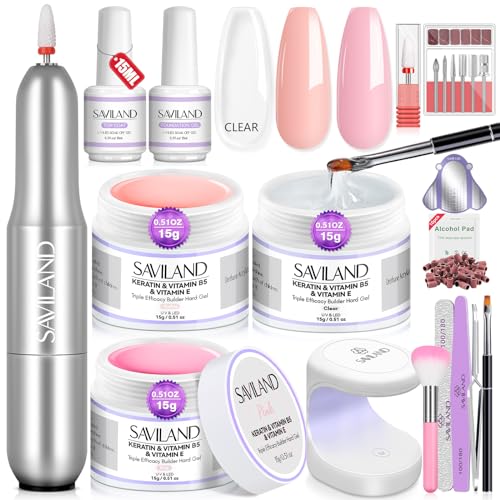 Saviland Builder Nail Gel Set with Nail Drill ? 3 Colors Hard Gel(VE&VB5&Kerain) with 24 Colors Castor Oil & Vitamin E Builder Nail Gel Lamp Nail Brush for Nail Extension Shaping DIY at Home Salon