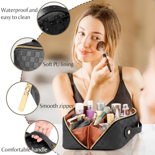 Large Capacity Travel Cosmetic Bag - Portable Makeup Bags for Women Waterproof PU Leather Checkered Makeup Organizer Bag with Dividers and Handle,Toiletry Bag for Cosmetics
