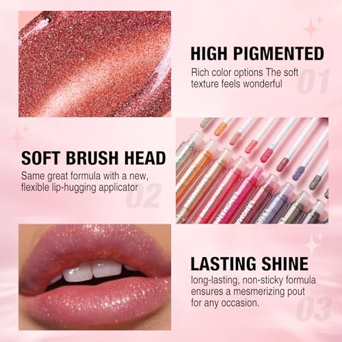LANGMANNI 10 Colors Diamond Glitter Lip Gloss Set,Long Lasting High Shine Shimmer Liquid Lipstick Set,Hydrating,Moisturizing Lip Gloss Kit Gift Makeup For Girls