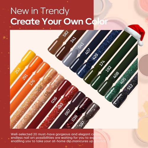Modelones Christmas Dip Powder Nail Kit 20 Colors, Red Green Brown Orange Glitter Dipping Powder Starter Set Base&Top Activator Liquid French Nail Art Salon DIY Kit Gifts for Women