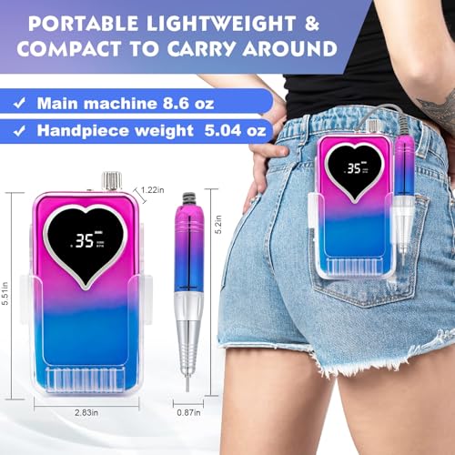 Professional Electric Nail Drill Machine for Acrylic Nails, 35000 RPM Electric Nail File Tool Set, Portable E-File Rechargeable Manicure Pedicure Polish Kit for Home Salon Tech (Heart Sunset Blue)