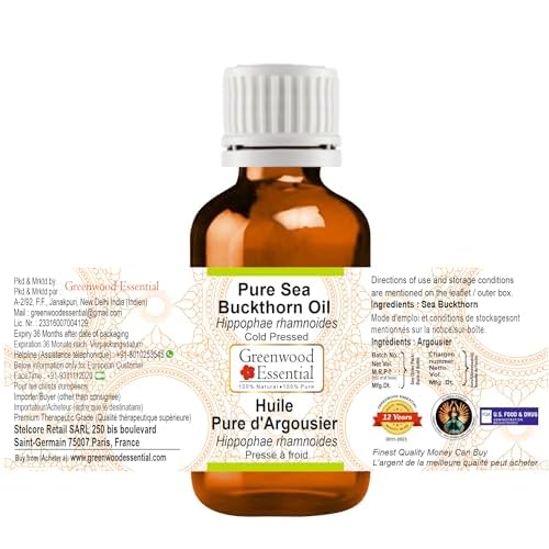 Greenwood Essential Sea Buckthorn Oil (Hippophae rhamnoides) | Cold Pressed | Natural | Undiluted | For Diluting Essential Oils | For Hair, Skin & Massage | Men & Women | 15ml (0.50 oz)