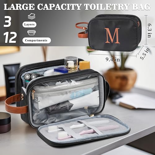 YOOLIFE Toiletry Bag for Men - Travel Toiletry Shaving Bag for Toiletries Accessories, Large Capacity Water-resistant Mens Dopp Kit, Personalized Gifts for Men Birthday Letter C Black