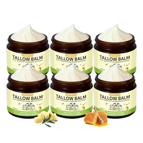 Organic Grass-Fed Beef Tallow & Raw Honey Balm ? Handmade Whipped Moisturizer for Face & Body, Soothes Eczema, Rosacea, Dry & Sensitive Skin ? Unscented, All-Natural, Chemical-Free (6 Packs / 12oz)