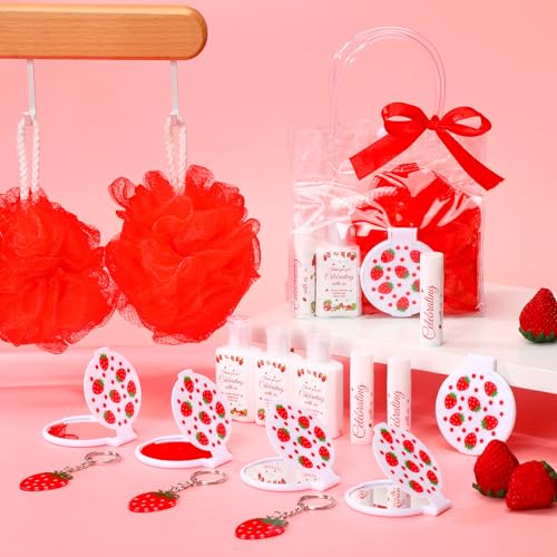 6 Sets Strawberry Baby Shower Game Prizes for Winners Bridal Shower Favors Gifts Include Strawberry Lip Balms Hand Cream Keyring Bath Ball Gift Bags Thank You for Celebrating with Us