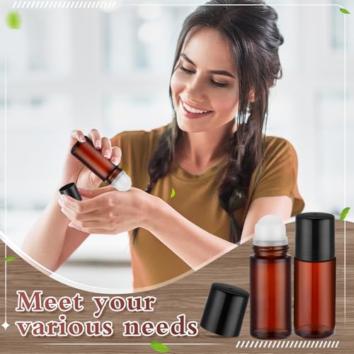 Sumind 24 Essential Oil Roller Bottles Glass Deodorant Bottle Roller Ball Container Empty Refillable Rollerball Bottle with Plastic Balls, Funnel and Sticker (50 ml,Brown)