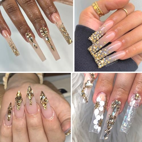 HNUIX Nail Rhinestones - 3D Multiple Shape Size Gems, Champagne Gold, Manicure beads, Pearls, Flatback Crystals Rhinestones, with Kit, for Nail Art Decor