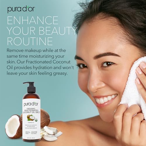 PURA D'OR 16 Oz ORGANIC Fractionated Coconut Oil ? USDA Certified ? MCT Oil ? Therapeutic, Hydrating, Lightweight Moisturizer ? Hexane Free Carrier Oil For Essential Oils & Massage ? Face, Hair & Body