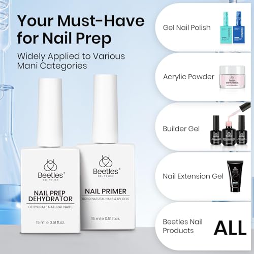Beetles 4 Pcs 15ml Gel Top Coat and Base Coat Set with Nail Dehydrator and Primer Professional Nail Prep Acid-Free & Hema-Free Dehydrate Bond Primer Set for Acrylic & Gel Nail Polish Nail Gifts