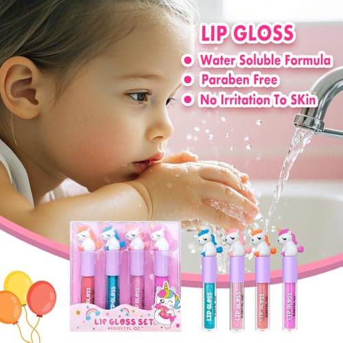 M&U MAKE YOU UP 4pc Unicorn Lip Gloss Stick for Girls- Party Favors Glossy Lip Set with Magic Topper, Girls Birthday Gift, Princess Theme Gift (4 Pack) - Non Toxic