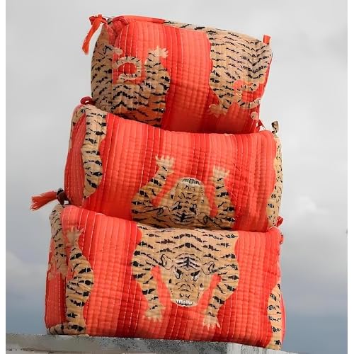 INDACORIFY Beautiful Printed Toiletry Bag Set 3 Pcs Quilted Makeup Bag Cosmetic Bag Block Print Handmade Waterproof Travel Accessory Bag