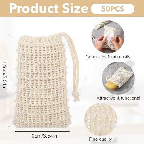 SHENLIU 50 Pack Soap Bags with Drawstring, Mesh Exfoliating Soap Saver Bag Sisal Soaps Pouch Bar Foaming and Drying Exfoliating Net for Bath Shower Massaging Scrubbing (5.3 ¡¿ 3.7inch)