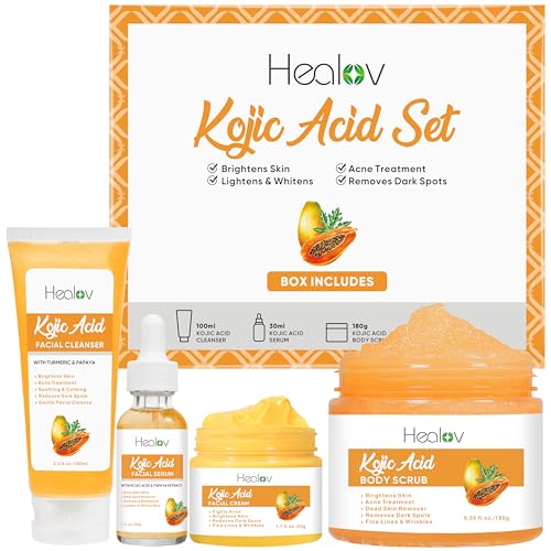 Kojic Acid Skincare Set ? Kojic Soap Cleanser, Exfoliating Body Scrub, Face Cream & Brightening Facial Serum ? Skin Brightening Hyperpigmentation Treatment, Dark Spot Corrector ? with Turmeric Papaya