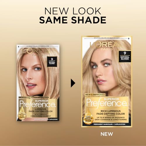 L'Oreal Paris Superior Preference Luminous Fade-Defying Permanent Hair Color, Hair Dye For Up to 9 Weeks of Radiance, Natural Blonde 9, 1 Hair Dye Kit