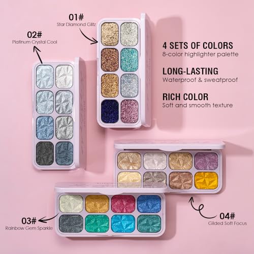 8-Color Eyeshadow Palette, Platinum Crystal Cool, Silver Gray Metallic Shimmer Shades, Long-Lasting Waterproof Formula, Smooth Blendable Eye Makeup for Elegant & Cool Tone Looks