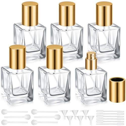6 Pack 30 ml Empty Glass Perfume Bottles Bulk Refillable Atomizer Cologne Bottles DIY Perfume Making Supplies Vintage Fragrance Packaging Glass (Gold Metal Lid)