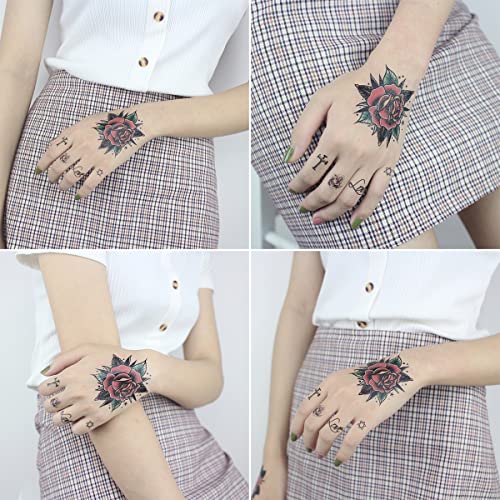 9 Sheets Women Hand Back Red Rose Black Flower Sun Moon Butterfly Totem Temporary Tattoo Stickers