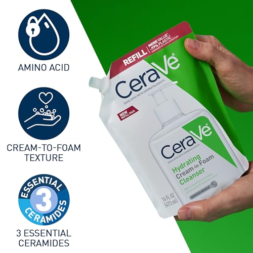 CeraVe Hydrating Cream To Foam Cleanser, Makeup Remover Face Wash For Dry Skin, Foaming Facial Cleanser With Hyaluronic Acid, Normal To Dry Skin, Fragrance Free & Non Comedogenic, 16 Ounce Refill