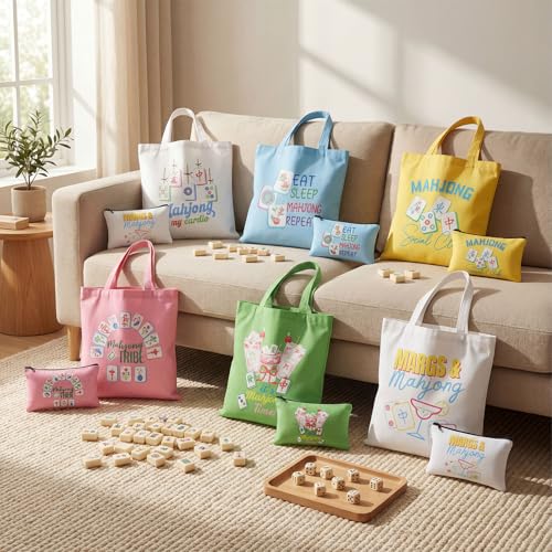 Tallew 12 Pcs Mahjong Canvas Tote Bags Bulk and Makeup Pouches Gifts Set for Women Grocery Bags with Handles Zippered Cosmetic Pouch for Mahjong Lover Player Friend Mom Grandma Lucky Birthday Gift