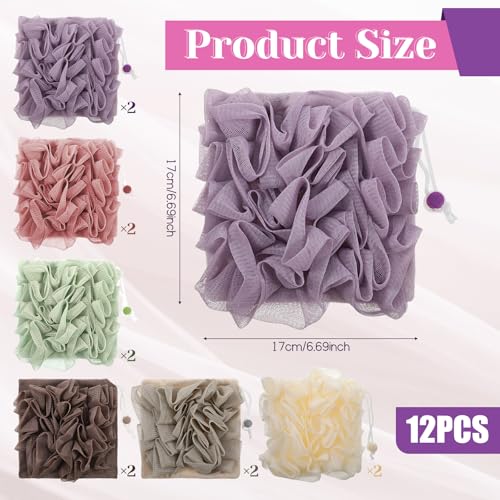 SHENLIU 12 Pack Loofah Washcloth Soap Bar Loofah, 2 in 1 Drawstring Exfoliation Bath Sponge with Bar Soap Pocket Exfoliation Mesh Shower Puff Ball Bath Shower Body Wash Cleansing Smooth Skin
