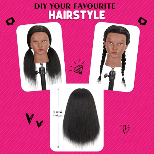 Mannequin Head with Human Hair 16" Cosmetology Manikin Doll Head 100% Real Human Hair for Styling Hairdresser Practice Braiding with Tripod Set