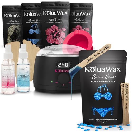 KoluaWax Premium Waxing Kit for Women and Hard Wax Beads for Hair Removal (1 Lb) - Hot Melt Hard Wax Warmer for Hair Removal, Eyebrow, Bikini, Legs, Face, Brazilian Wax - Corse Hair Formula Refill