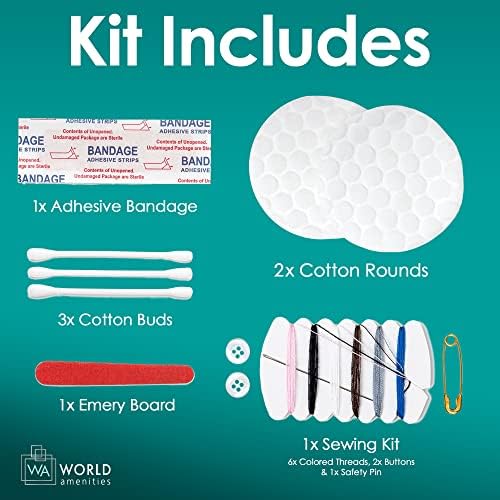 World Amenities Necessities Grooming Vanity Kit | Clear Frosted Sachet, Hotel Amenities | Includes Sewing Kit, Nail File, Cotton Swabs, 2 Cotton Rounds and Band-Aid