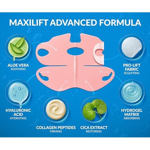 Stylia MaxiLift V-Line Lifting Collagen Face Mask - Double Chin Strap - Jawline Shaper - Neck Firming and Tightening Mask with Hyaluronic Acid & Aloe Vera - Chin Strap for Sleeping (10PC)