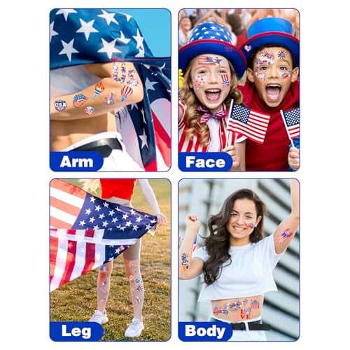 80PCS 4th of July Temporary Tattoos, Red White Blue Glitter Set - Patriotic Accessories Kit for USA Independence Day, Fourth of July Party, Face & Body Art - Stars & Stripes Celebration Decorations