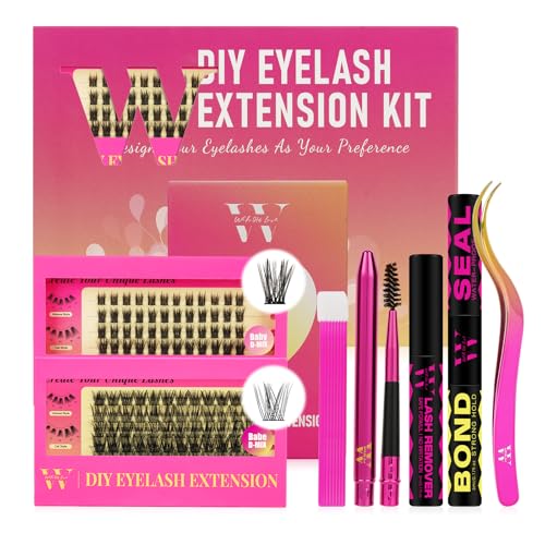 Lash Clusters Kit 144Pcs Individual Eyelash Extension Kit DIY Lash Kit with Lash Bond and Seal,Remover,Applicator,Eye Patches,Lash Brush&Lip Brush for Fake Eyelashes Clusters Kit (D-Mix10-16mm Kit)