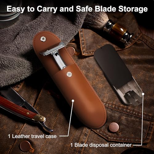Dual-Blade Safety Razor with Pivoting Head, Reusable Metal Razors for Men, with 20 Double Edge Blades and Stand, Smooth Close Clean Shave, Silver