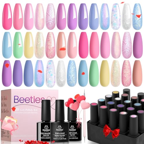beetles Gel Polish Nail, 20 Colors Pastel Pink Blue Purple Chameleon Glitter Gel Polish and Beetles Nail Art Polish Set 6 Colors Pastel Yellow Green Nude Pink Purple Orange Gel Liner Nail Art Kit