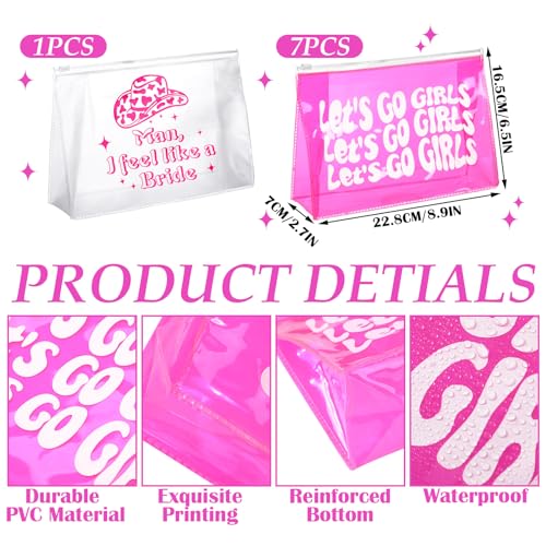 Layhit 8 Pcs Let's Go Girls Pink Bachelorette Makeup Bags Retro Clear Disco Cowgirl Travel Toiletry Case with Zipper Arty Supplies Decorations Gifts for Women