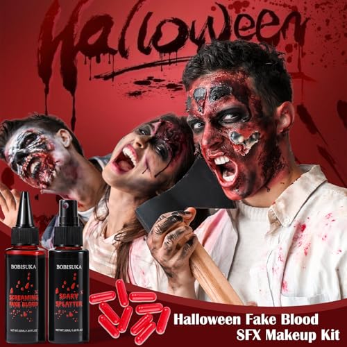 BOBISUKA Halloween Fake Blood Kit, 1.76oz Blood Spray + 1.76oz Dripping Blood + 10 Fillable Empty Capsules, Realistic Washable Fake Blood Makeup for Mouth Clothes Zombie Vampire Monster SFX Cosplay