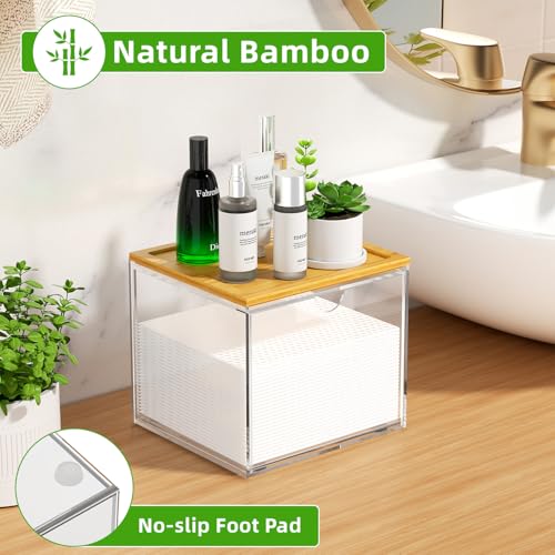 VITVITI Drawer Disposable Face Towel Holder Box, Acrylic Facial Towel Container for XL Clean Skin Club, Large Disposable Face Towels Storage with Bamboo Lid, for Bathroom, Vanity Makeup, Clear