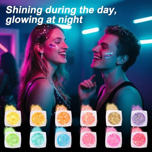 Glow in The Dark Face & Body Glitter Gel ? 12 Colors Chunky Holographic Glitter for Hair, Body, Festival, Party, Rave Makeup, Washable Cosmetic Glitter for Women, Teens, Kids, Halloween