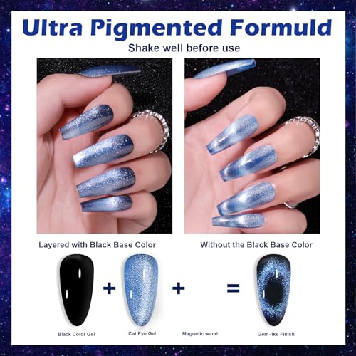 Cat Eye Gel Nail Polish Kit-12 Colors Holographic Glitter Cat Eye Gel Polish Set with Magnet Based Top Coat Romantic Galaxy Series Soak Off Uv Led Magnetic Nail Polish Nail Art Manicure DIY