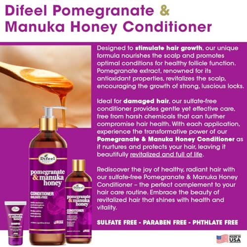 Difeel Pomegranate & Manuka Honey Shampoo & Conditioner 5-PC Set - Includes 33.8oz Shampoo, 33.8oz Conditioner, 8oz Leave in Spray, 8oz Hair Oil & 2.5oz Root Stimulator