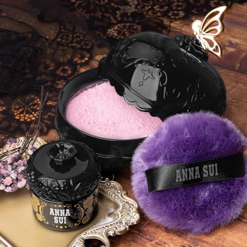 ANNA SUI Loose Face Powder Case Only - Refill Sold Separately, Black Vanity Case with Butterfly Motif, Come with Purple Puff
