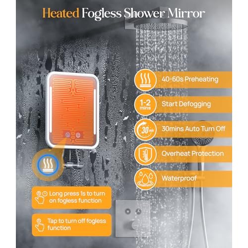 Gospire Heated Shaving Mirror for Shower Fogless with Light, Rechargeable Battery and Adjustable Brightness, Suction Cup and Razor Holder, Removable & NO-Drilling, Waterproof for Bathroom (White)